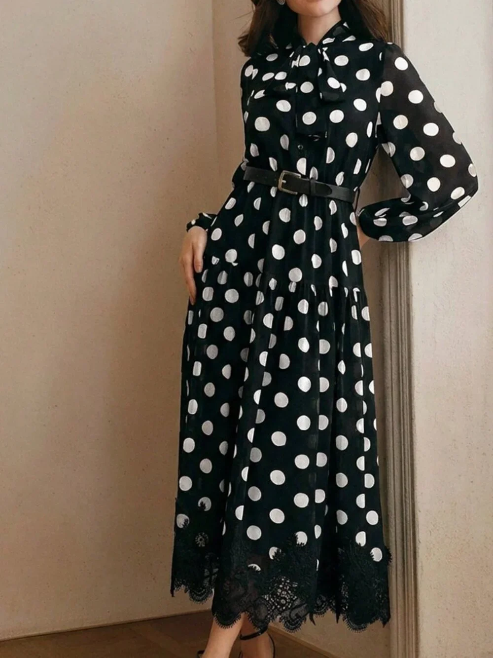 Black & White Elegant Women's Polka Dot Chiffon Lace Tie Waist Long Sleeve Dress